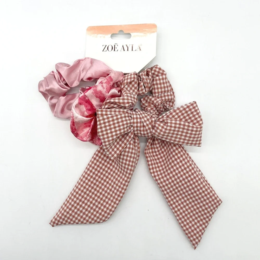 Zoe Ayla Scrunchies 3-Pack‎ Pink Gingham Bow Hair Tie Accessories Cottagecore